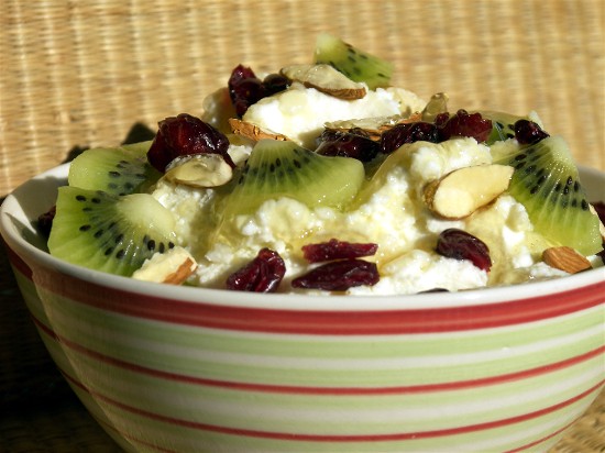 Fresh ricotta with fruits, almonds, and honey makes a heavenly breakfast.